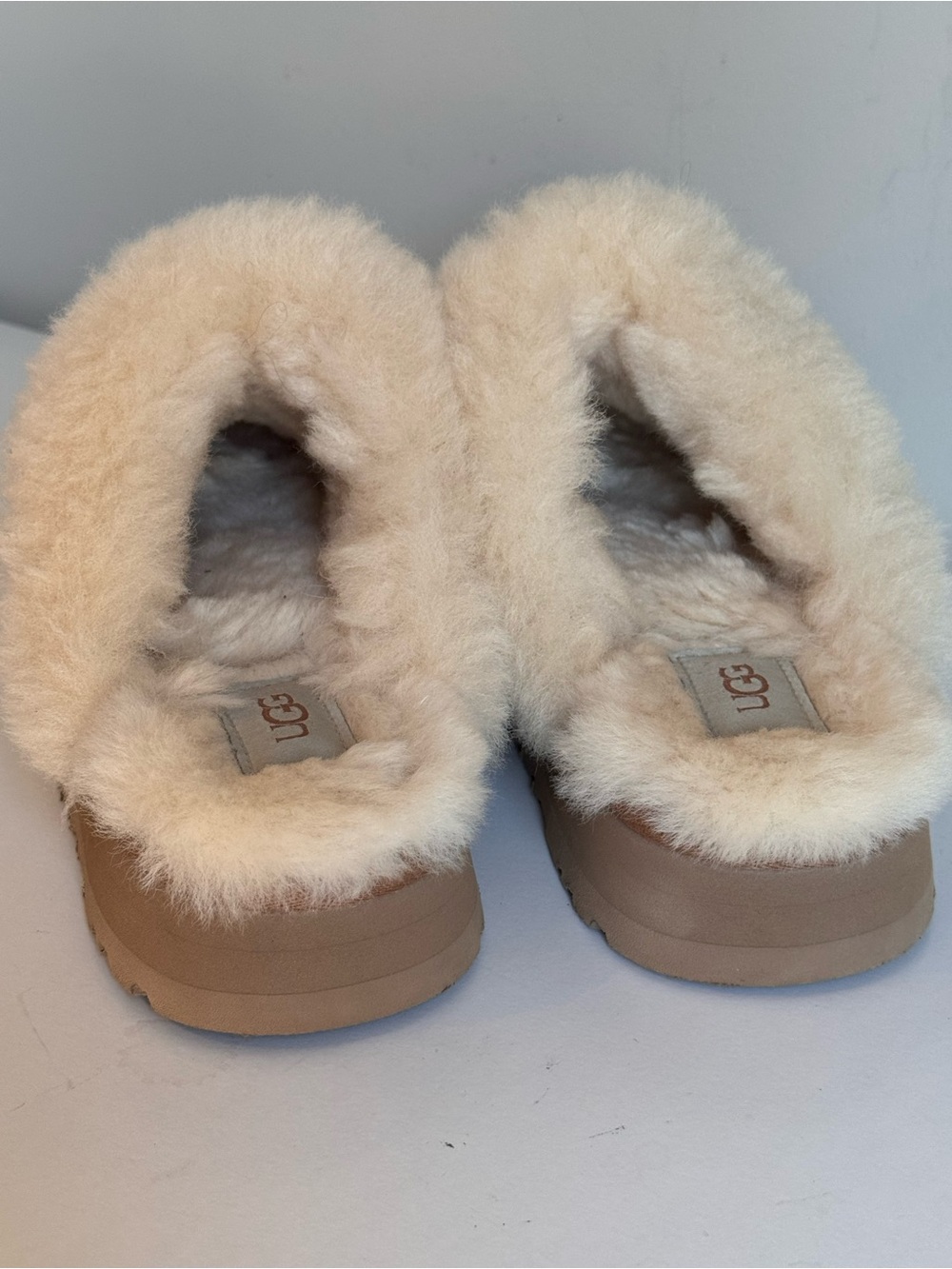 UGG Disquette Platform Chestnut Suede Sheepskin Collar Slipper Size 8 - Picture 6 of 13